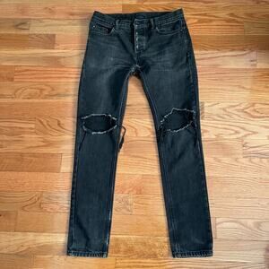 MNML Mens 33 Black Straight Slim Fit Distressed Jeans Cotton Blend Denim FLAWED